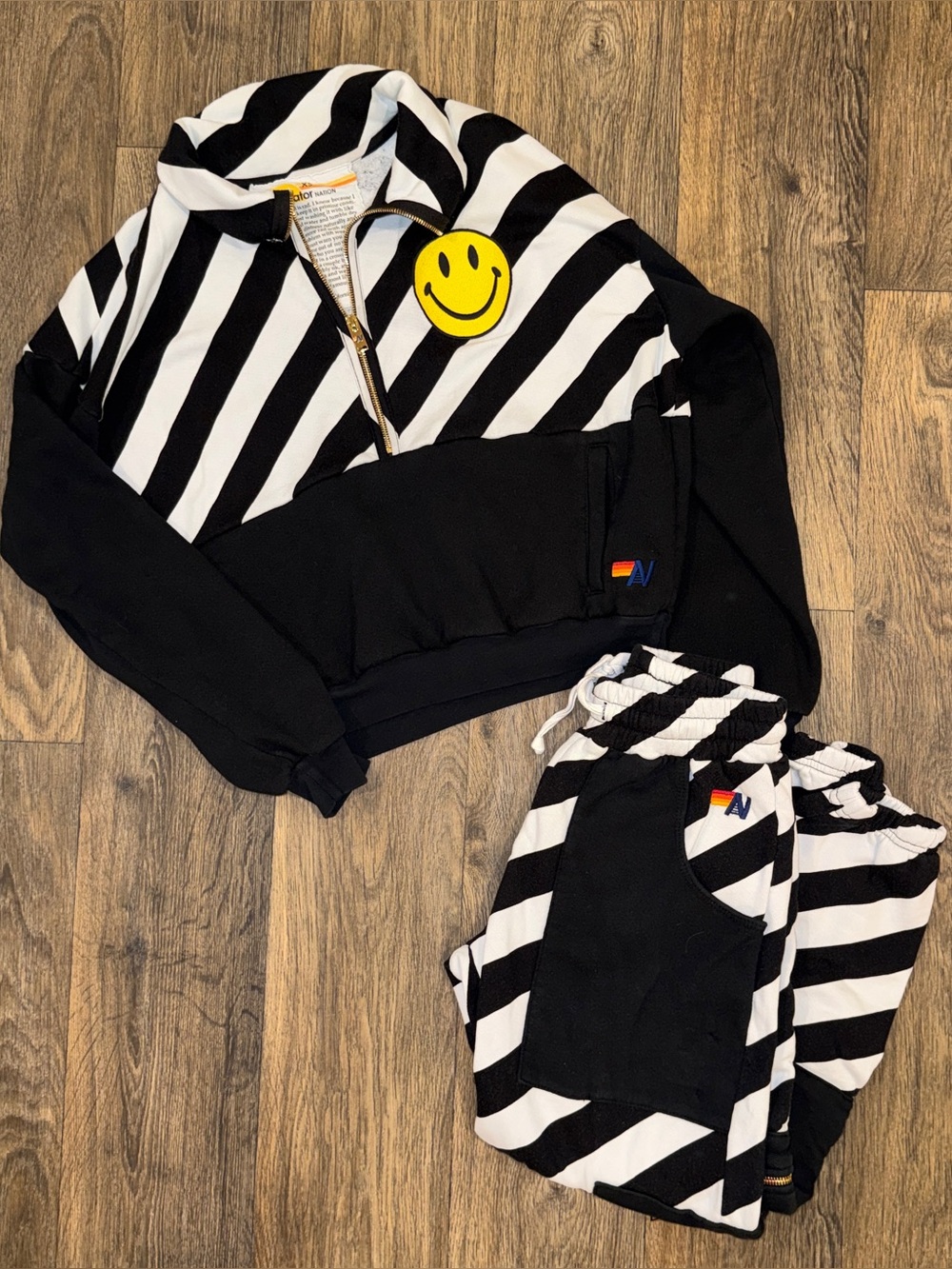 aviator nation caution smiley black & white hoodie + cargo sweatpants set